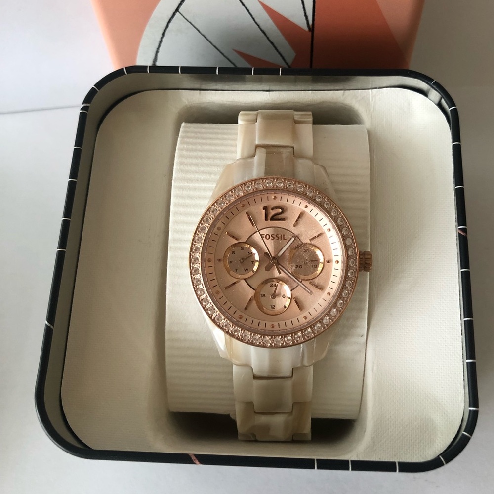 NIB Fossil Ivory Tortoise Rose Gold Watch Horn